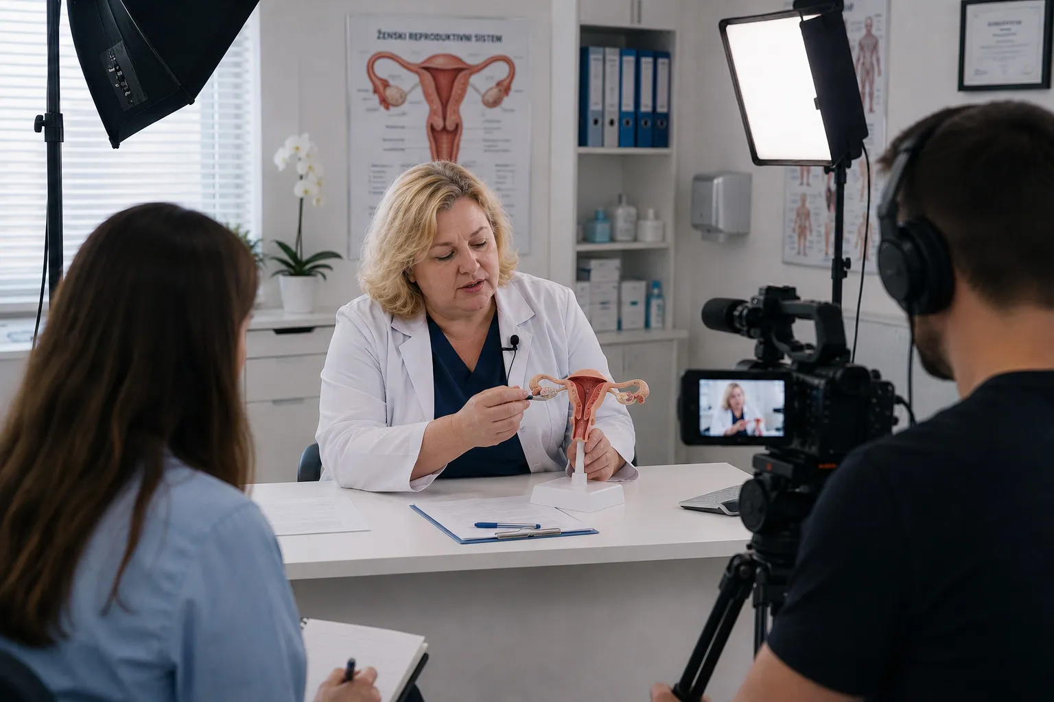 Snimanje edukativnog video sadržaja u klinici gde doktorka objašnjava medicinski model tokom intervjua